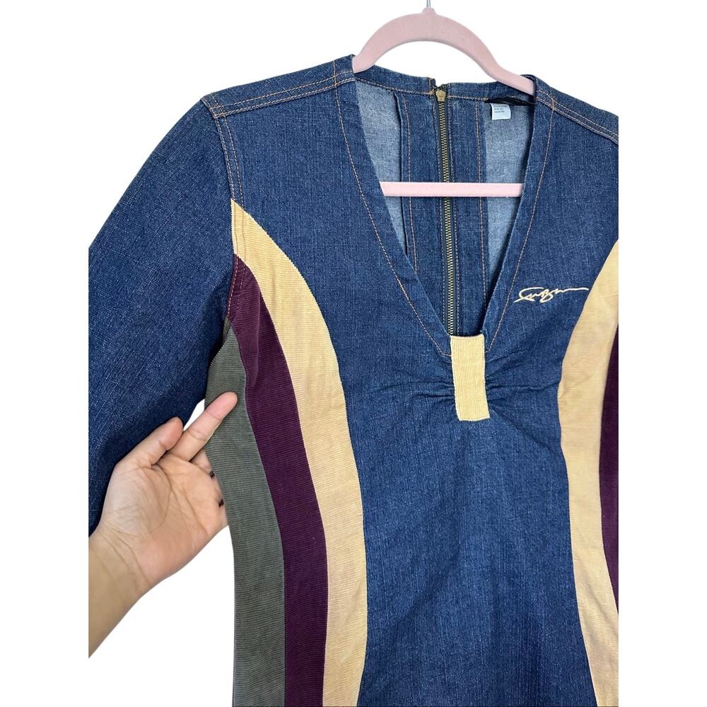 Vintage FUBU Denim Long Sleeve Dress Corduroy Patchwork Stripes Vneck Size 7/8 - Picture 6 of 16